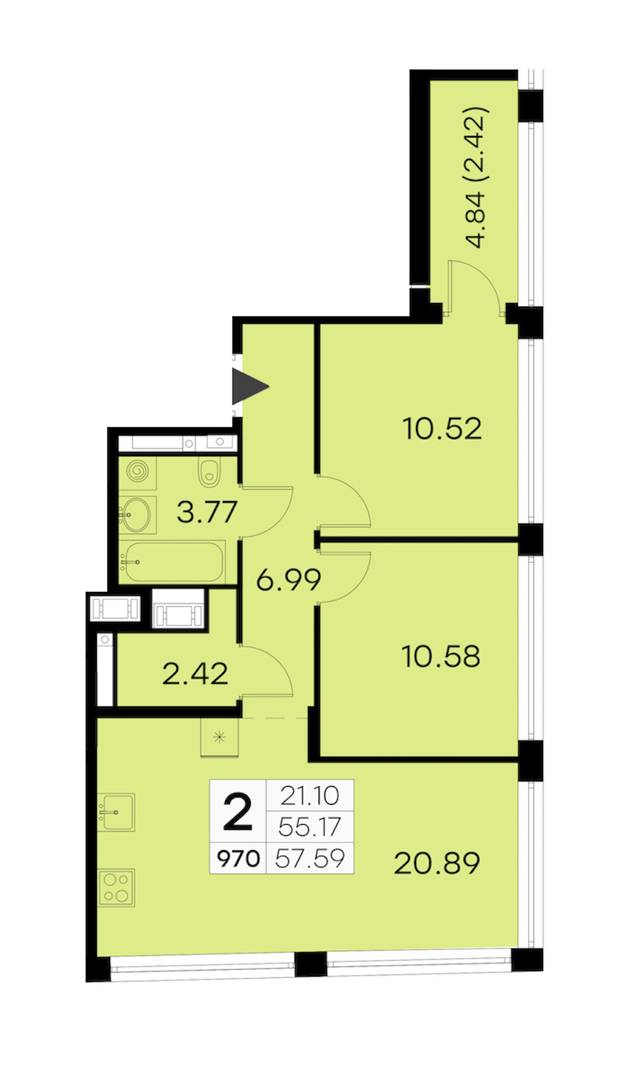 2-комнатная квартира 57.59 м², 16/19 эт., ЖК «GloraX Aura Vasileostrovsky»